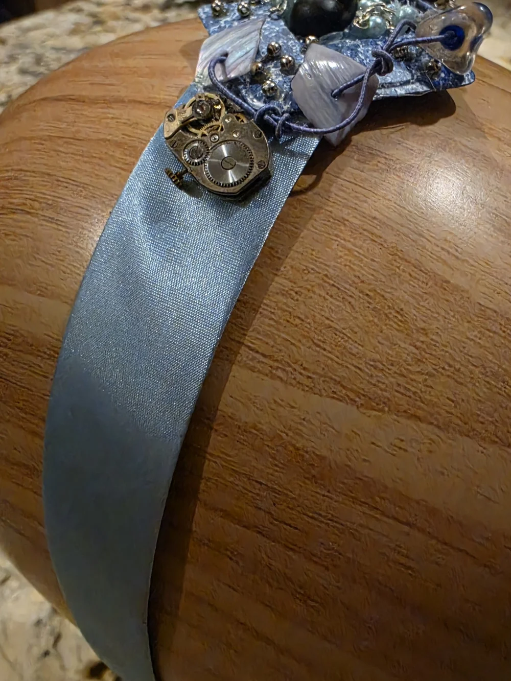 Handcrafted Blue Beaded Headband with Black Skeleton, Pearl & Chains